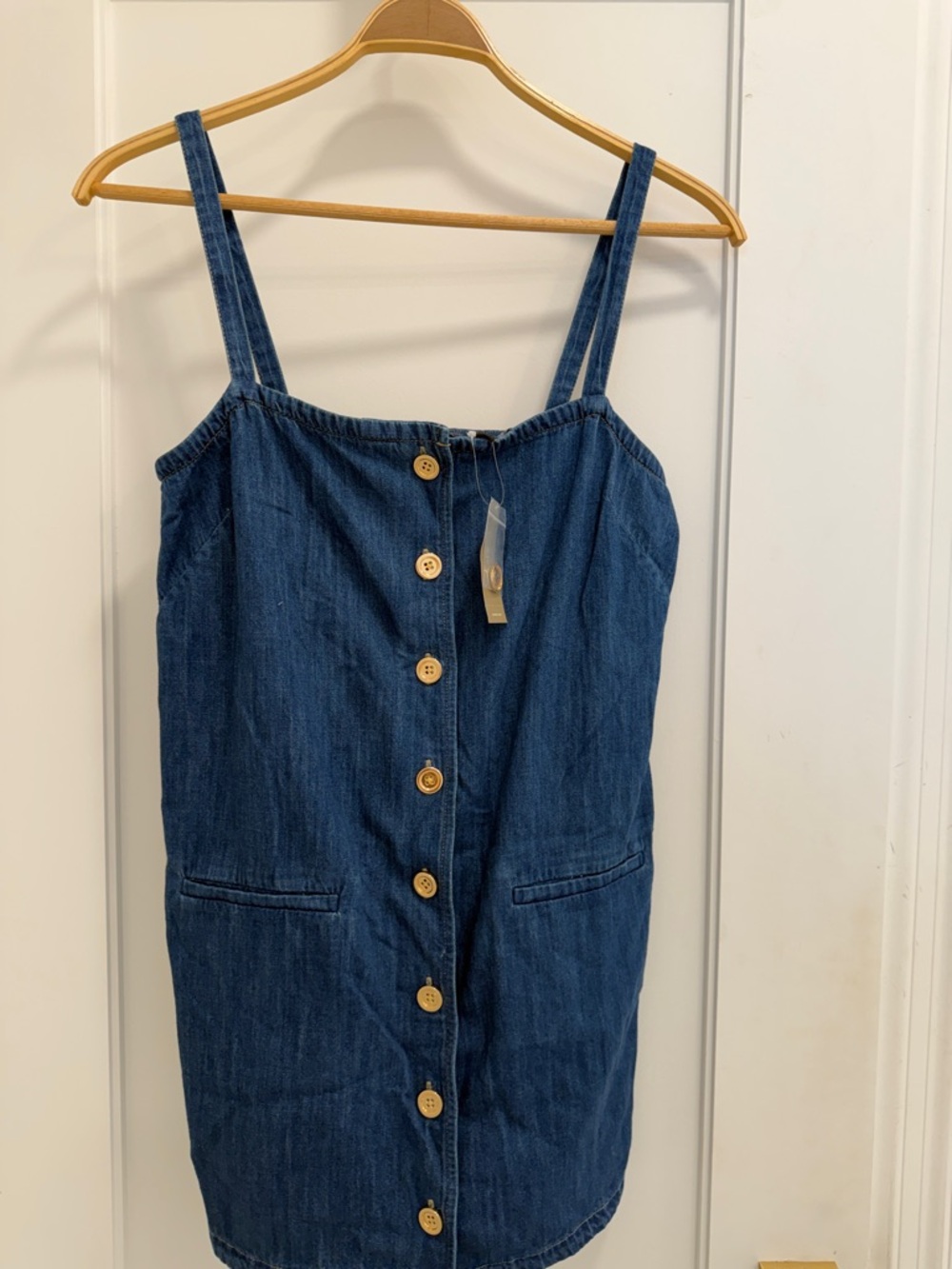 Denim Button-Front Mini Dress with Pockets - Dark Blue